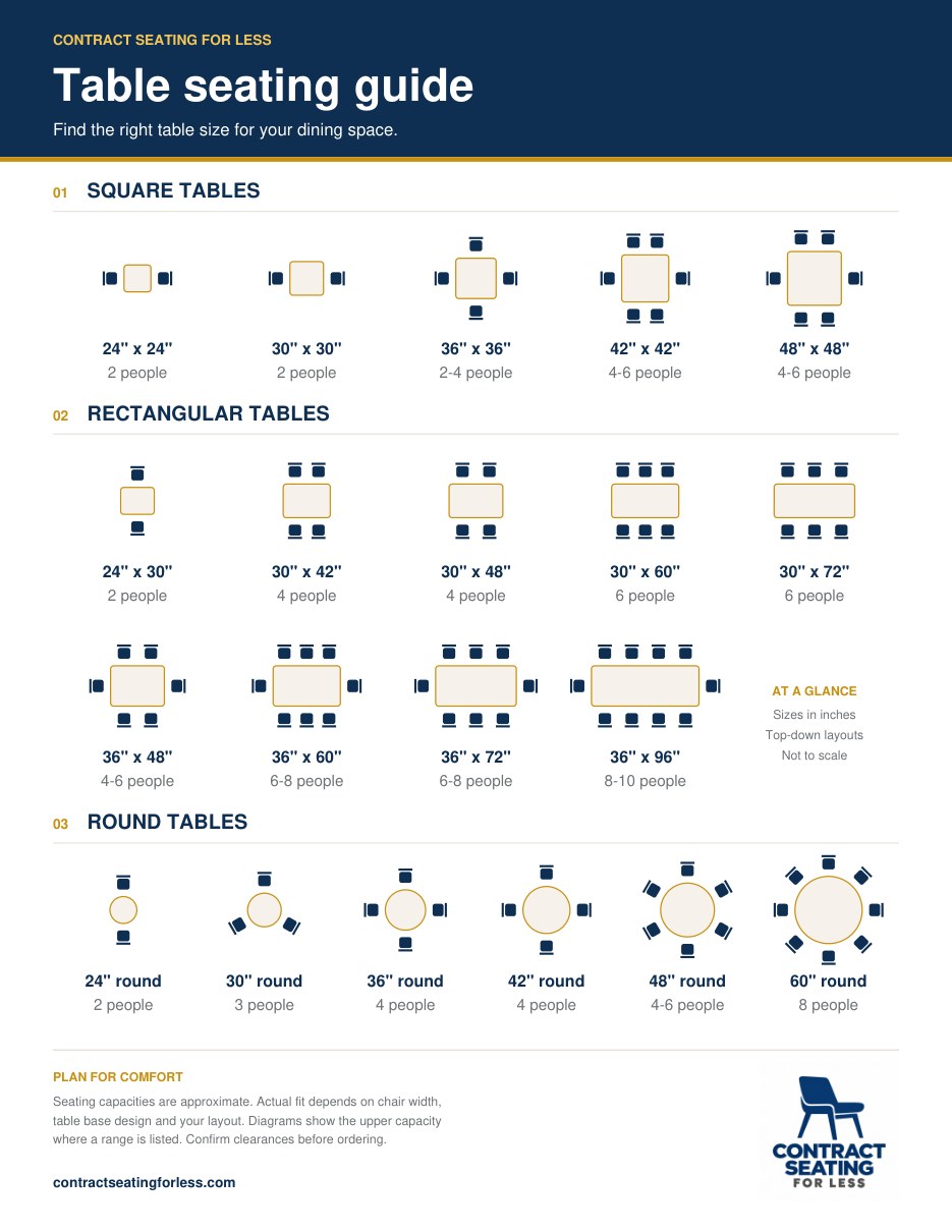 Table seating chart: how many people fit at square, rectangular and round restaurant tables